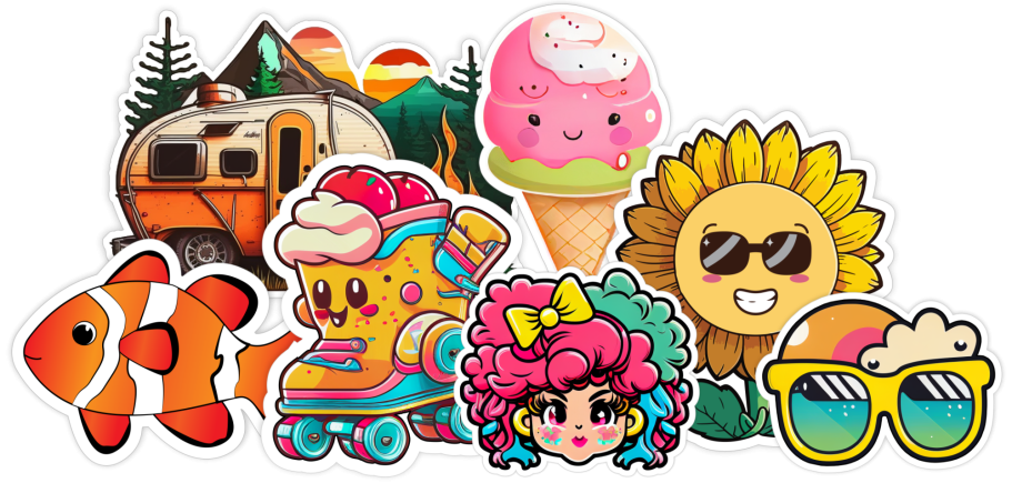 The image displays a set of seven stickers with white borders. The stickers include a cartoon roller skate with a face, a cartoon girl with colorful hair and a yellow bow, a pair of yellow sunglasses, a cartoon sunflower wearing sunglasses, a smiling pink ice cream with a waffle cone bottom, a camping scene with a rounded trailer and a fire, and a white and orange clownfish swimming in a blue background. All stickers are die-cut with a white border.