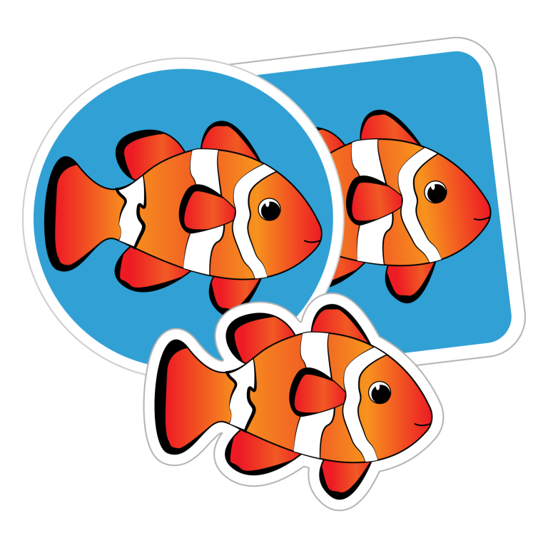 The image shows three stickers, each featuring an orange and white striped cartoon-like clownfish. The first sticker is a die-cut with a white border outline around the fish. The second sticker is round with a white border and blue background. The third sticker is a rounded square with a white border and blue background.