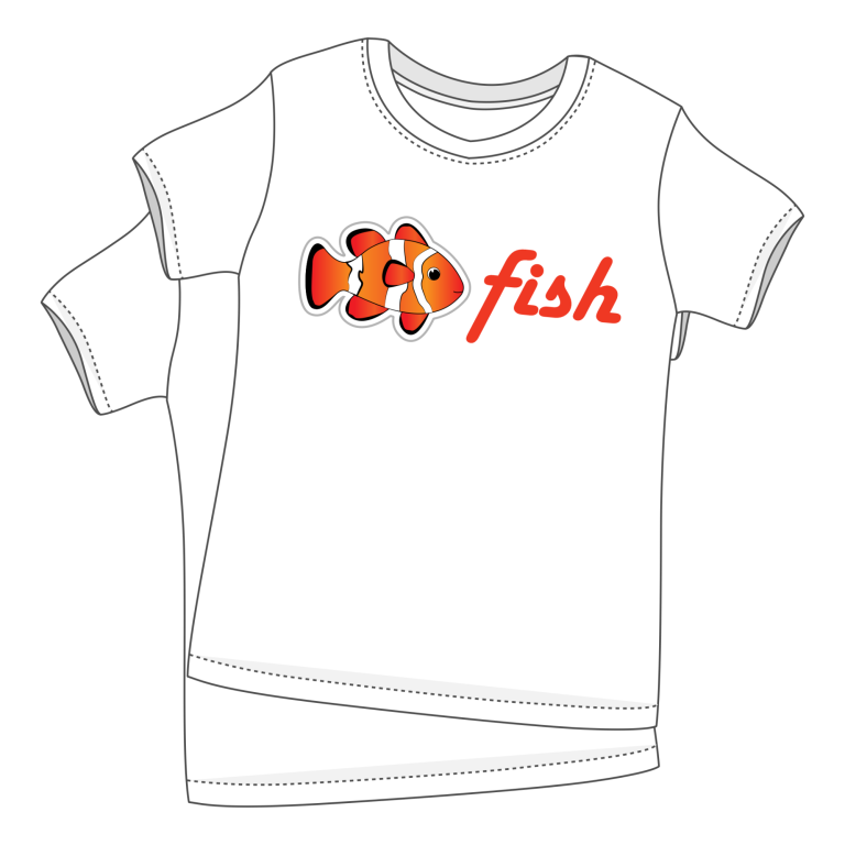 The image shows two white shirts stacked on top of each other. On the front chest of each shirt, there is a white and orange clownfish with the word "Fish" written in orange lettering, matching the color of the clownfish.