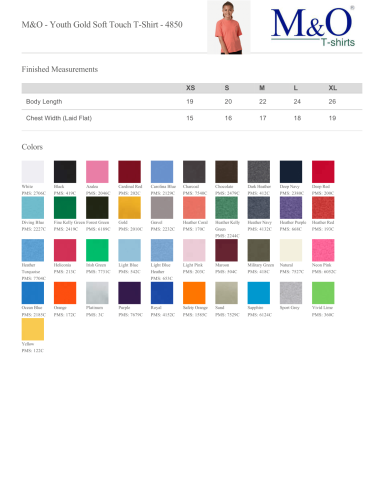 Kids and youth t-shirt colour chart and sizing measurements — M&O 4850