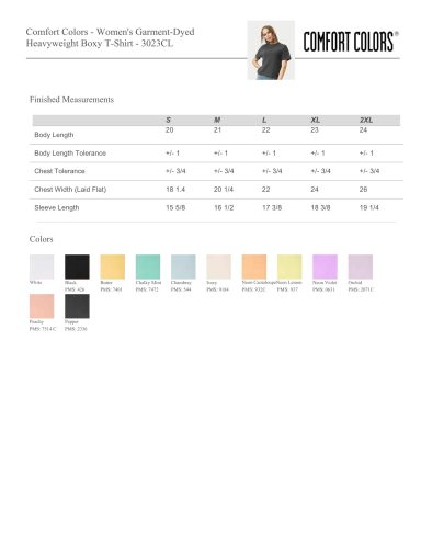 Women's and ladies t-shirt colour chart and sizing measurements — Comfort Colors 3023CL