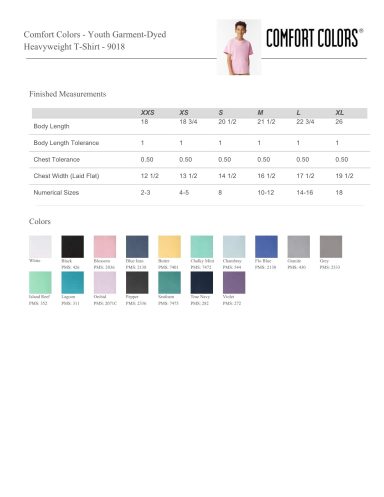 Kids and youth t-shirt colour chart and sizing measurements — Comfort Colors 9018