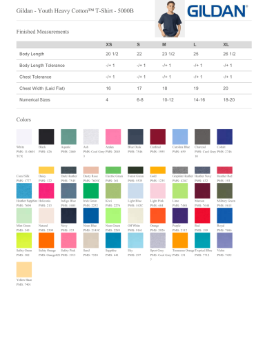 Kids and youth t-shirt colour chart and sizing measurements — Gildan 5000B