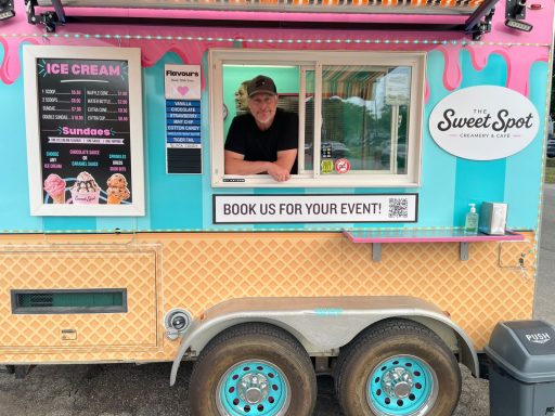 Ice Cream Truck Signage & Branding Custom price/menu board, oval logo, and QR code contact sign for an ice cream food truck