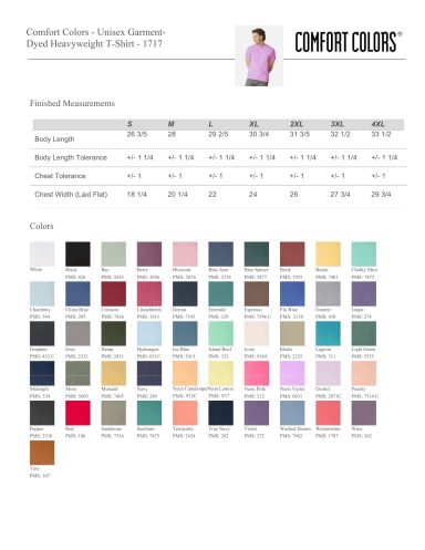 Men's and unisex t-shirt colour chart and sizing measurements — Comfort Colors 1717