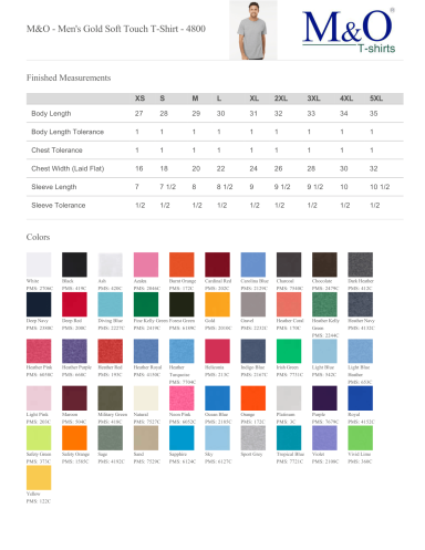 Men's and unisex t-shirt colour chart and sizing measurements — M&O 4800