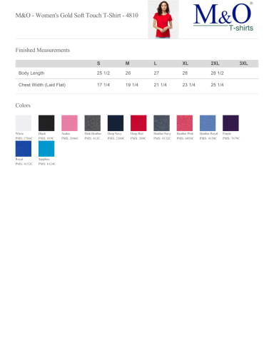 Women's and ladies t-shirt colour chart and sizing measurements — M&O 4810