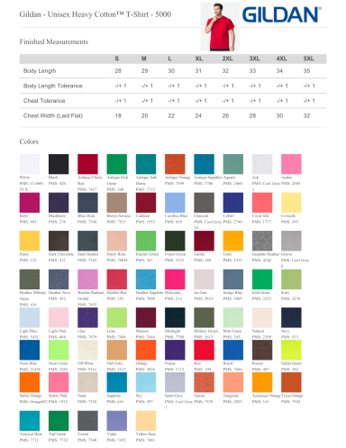 Men's and unisex t-shirt colour chart and sizing measurements — Gildan 5000