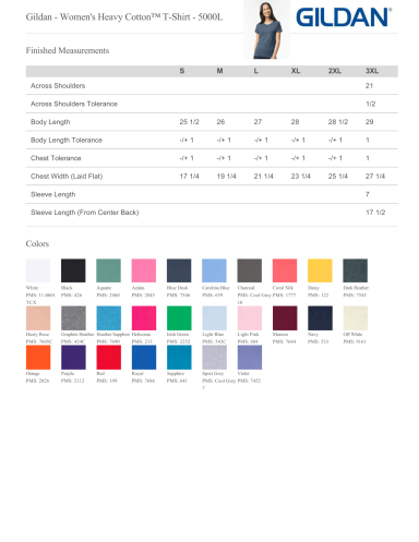 Women's and ladies fit t-shirt colour chart and sizing measurements — Gildan 5000L